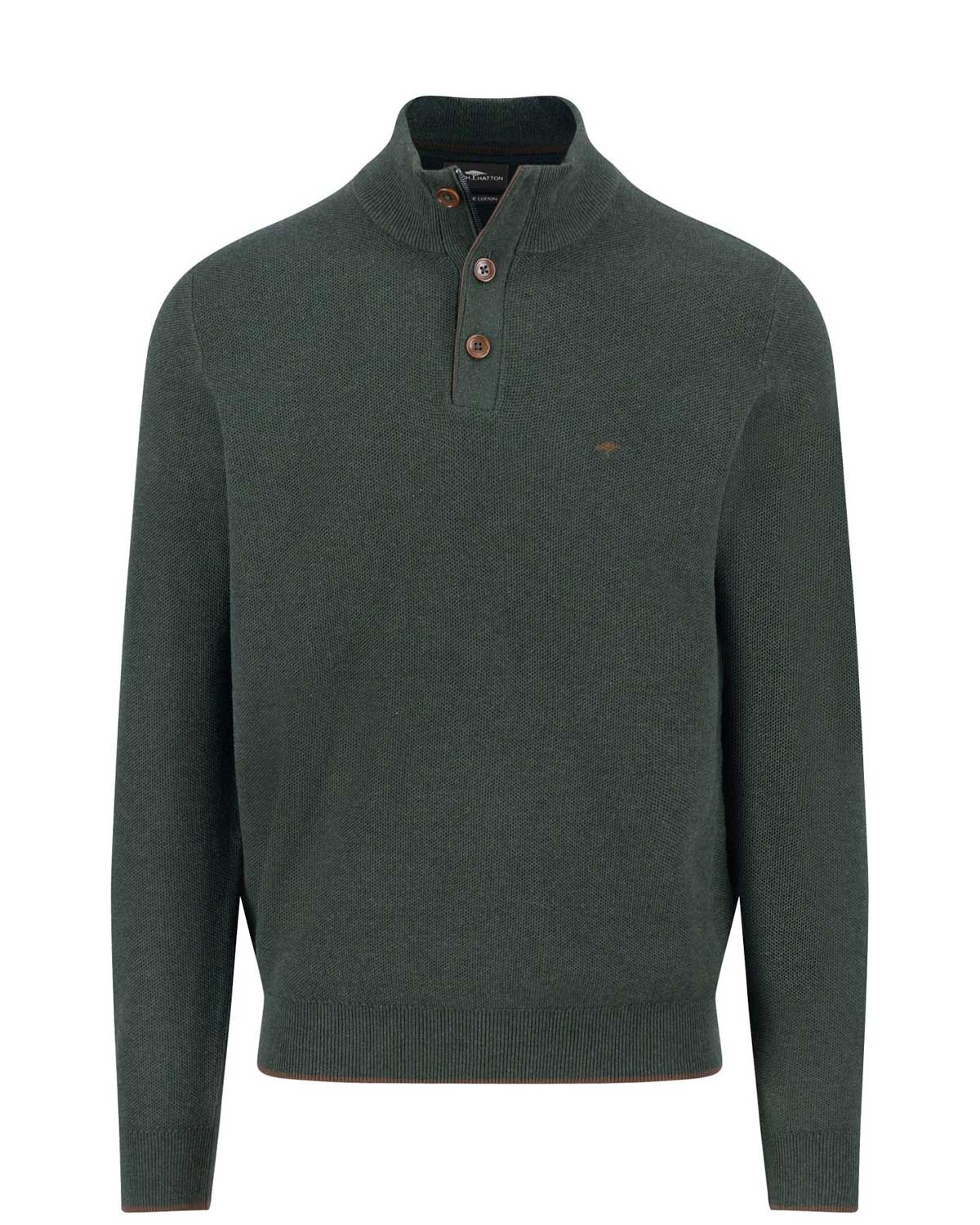 Fynch Hatton trui 1514219 Troyer Button met structuur, lange mouw in kleur dark ivy groen, voorkant