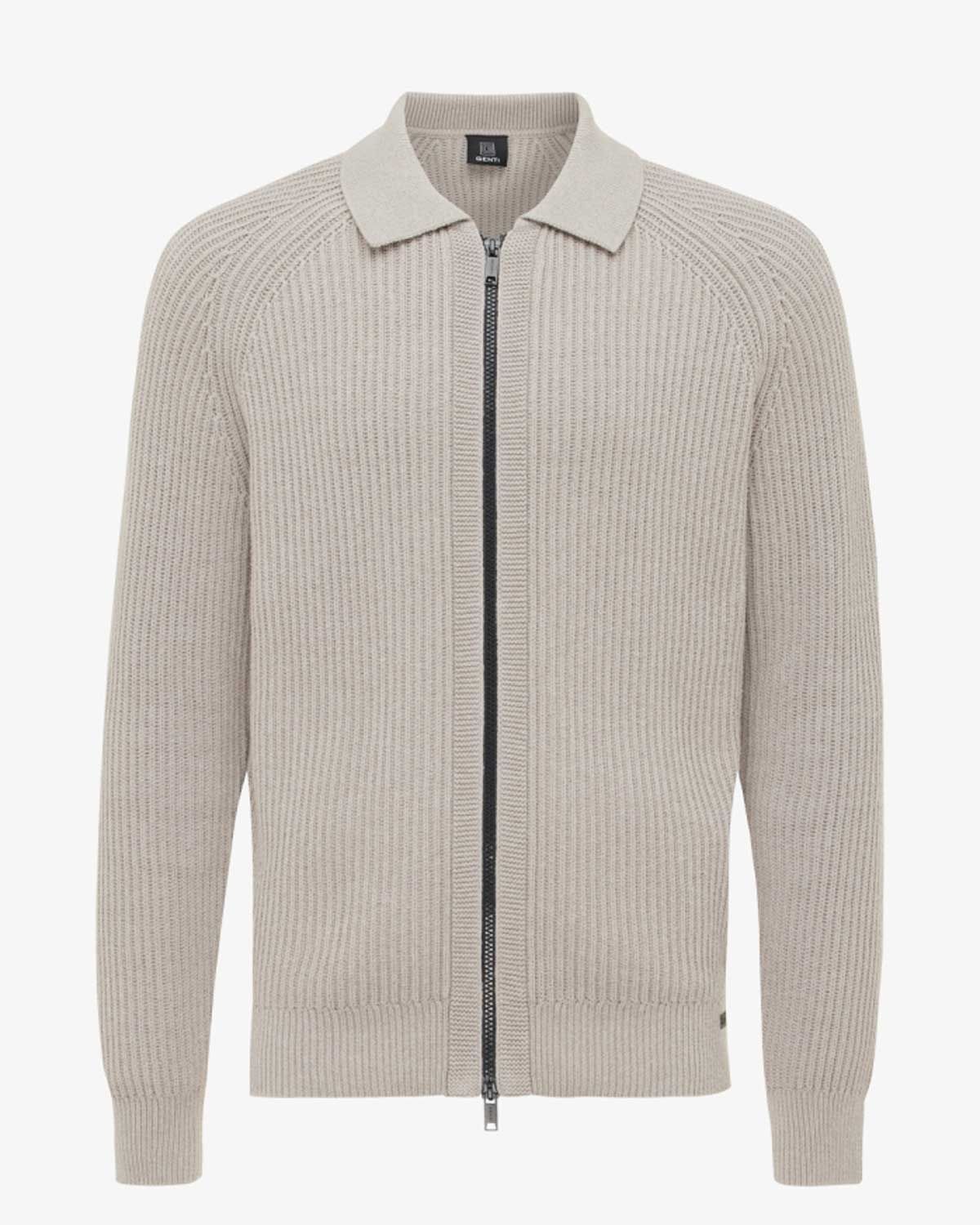 Genti vest K3120-3256-144 beige heren full zip gebreid katoen met ribstructuur en kraag, voorkant