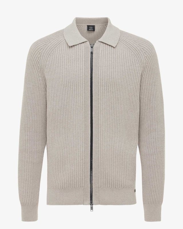 Genti vest K3120-3256-144 beige heren full zip gebreid katoen met ribstructuur en kraag, voorkant