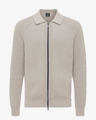 Genti vest K3120-3256-144 beige heren full zip gebreid katoen met ribstructuur en kraag, voorkant