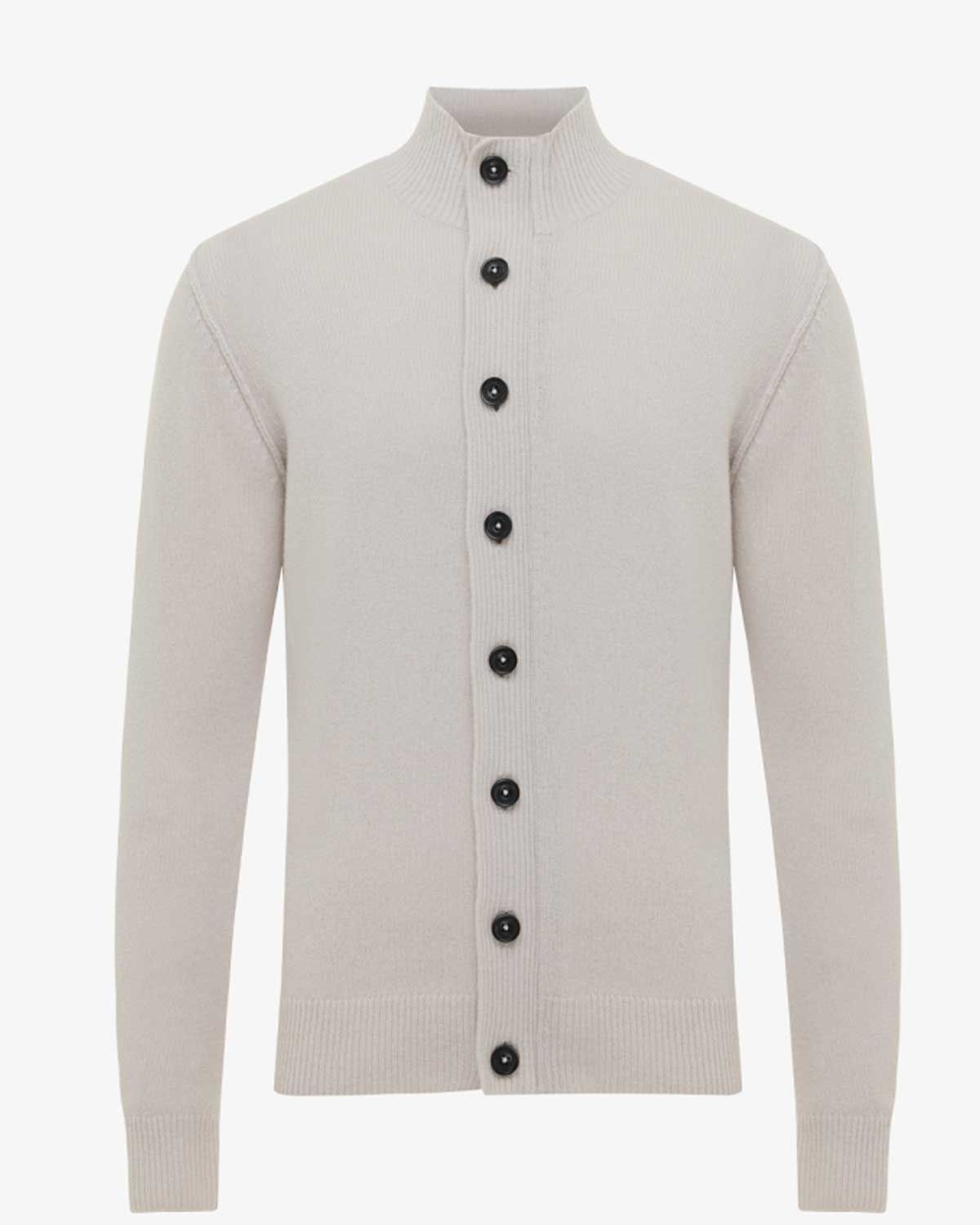 Genti cardigan beige heren vest met rits en 8 knopen, wolmix met nylon, regular fit en opstaande kraag, voorkant