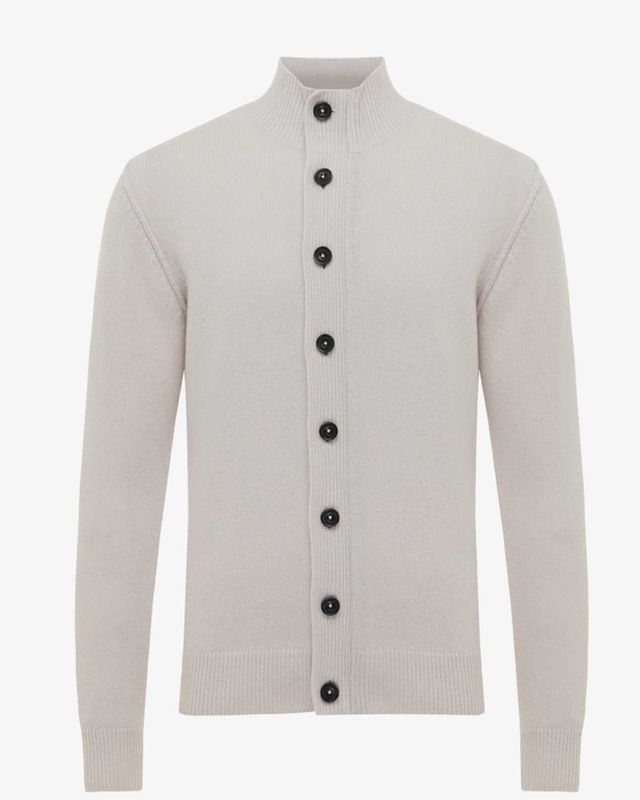 Genti cardigan beige heren vest met rits en 8 knopen, wolmix met nylon, regular fit en opstaande kraag, voorkant