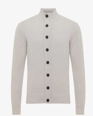 Genti cardigan beige heren vest met rits en 8 knopen, wolmix met nylon, regular fit en opstaande kraag, voorkant