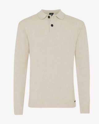 Beige Genti longsleeve polo met knoopsluiting en polokraag, duurzame wolmix met stretch, slim fit – voorkant