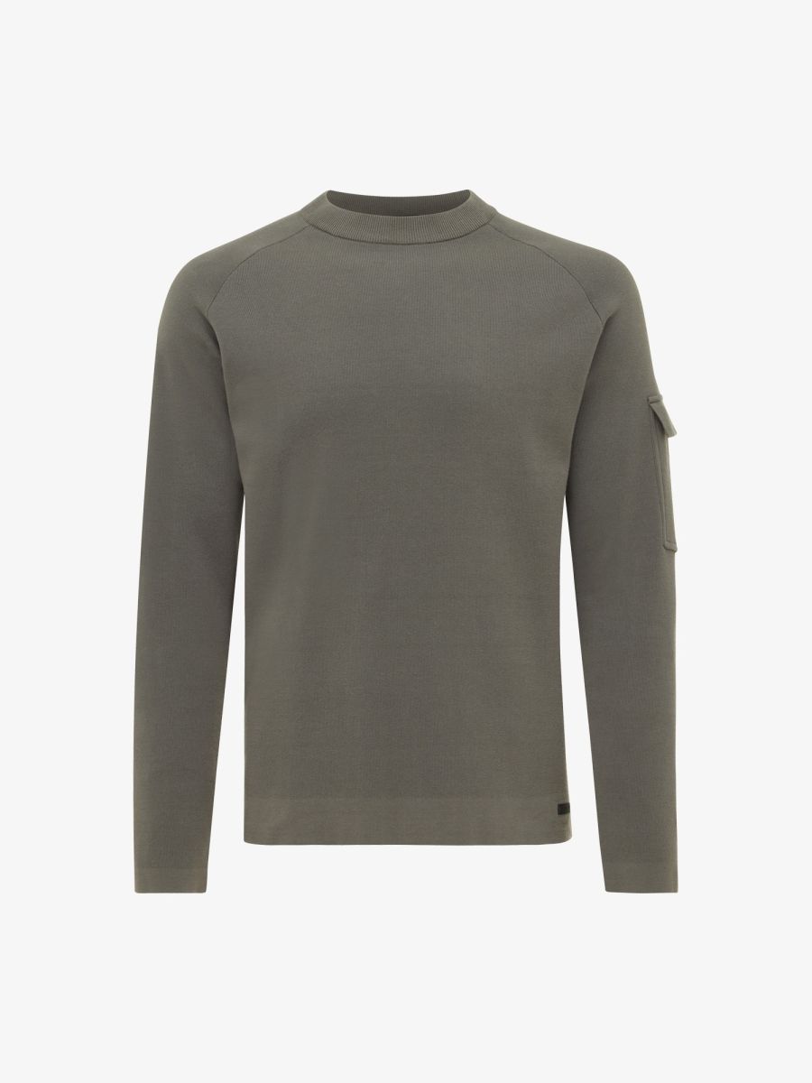 Genti sweater K3128-3278-170 in donkergroen, voorkant, roundneck longsleeve met gebreide sleeve pocket
