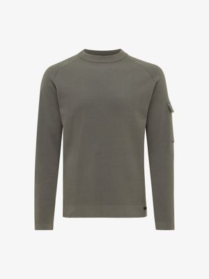 Genti sweater K3128-3278-170 in donkergroen, voorkant, roundneck longsleeve met gebreide sleeve pocket