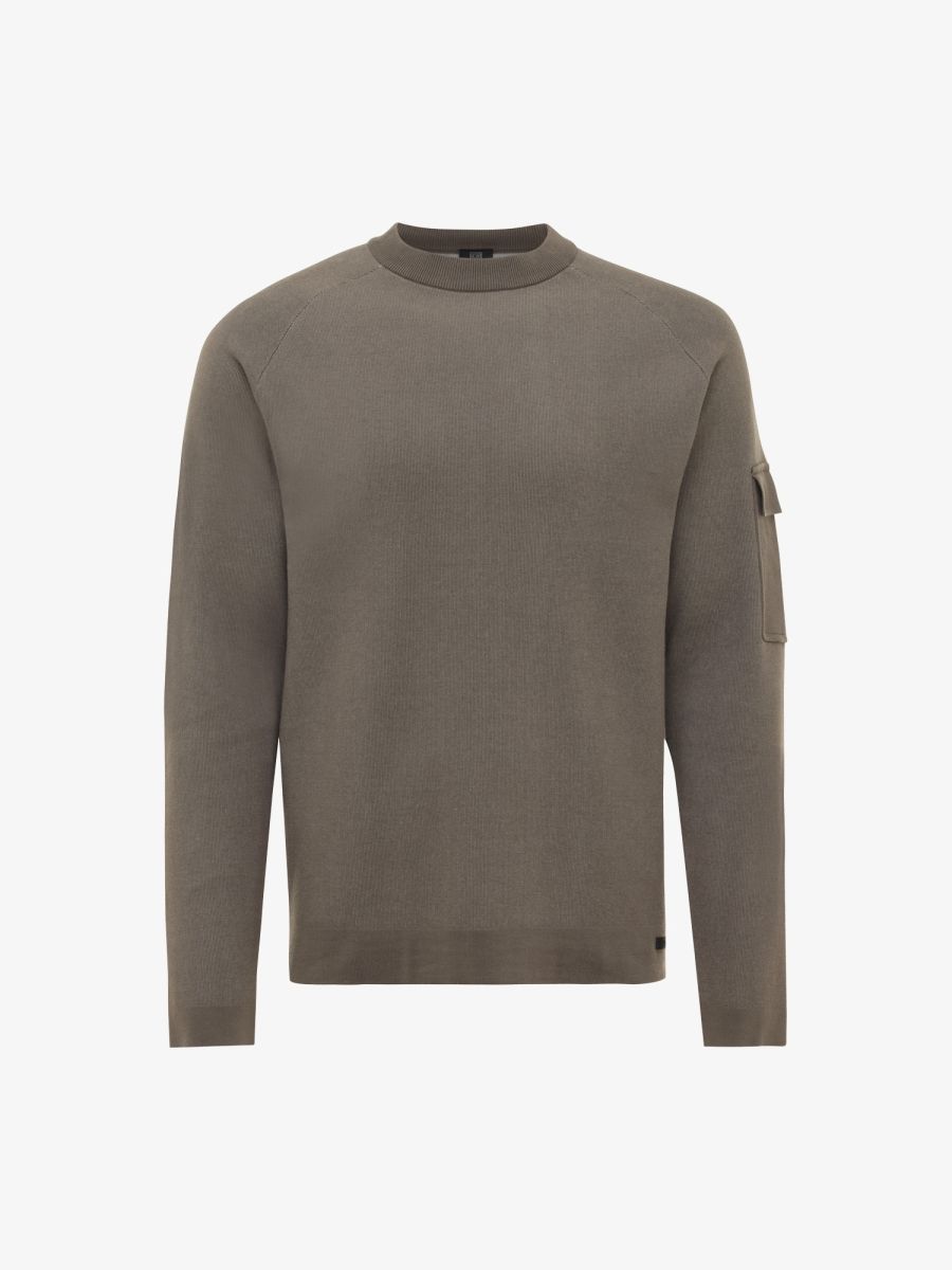 Genti sweater K3128-3278-144 in donkerbruin, voorkant, roundneck longsleeve met gebreide sleeve pocket