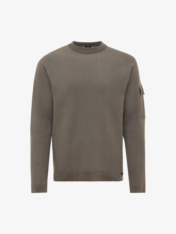 Genti sweater K3128-3278-144 in donkerbruin, voorkant, roundneck longsleeve met gebreide sleeve pocket