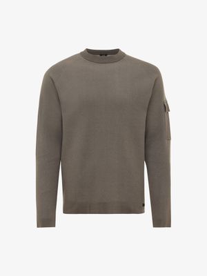 Genti sweater K3128-3278-144 in donkerbruin, voorkant, roundneck longsleeve met gebreide sleeve pocket