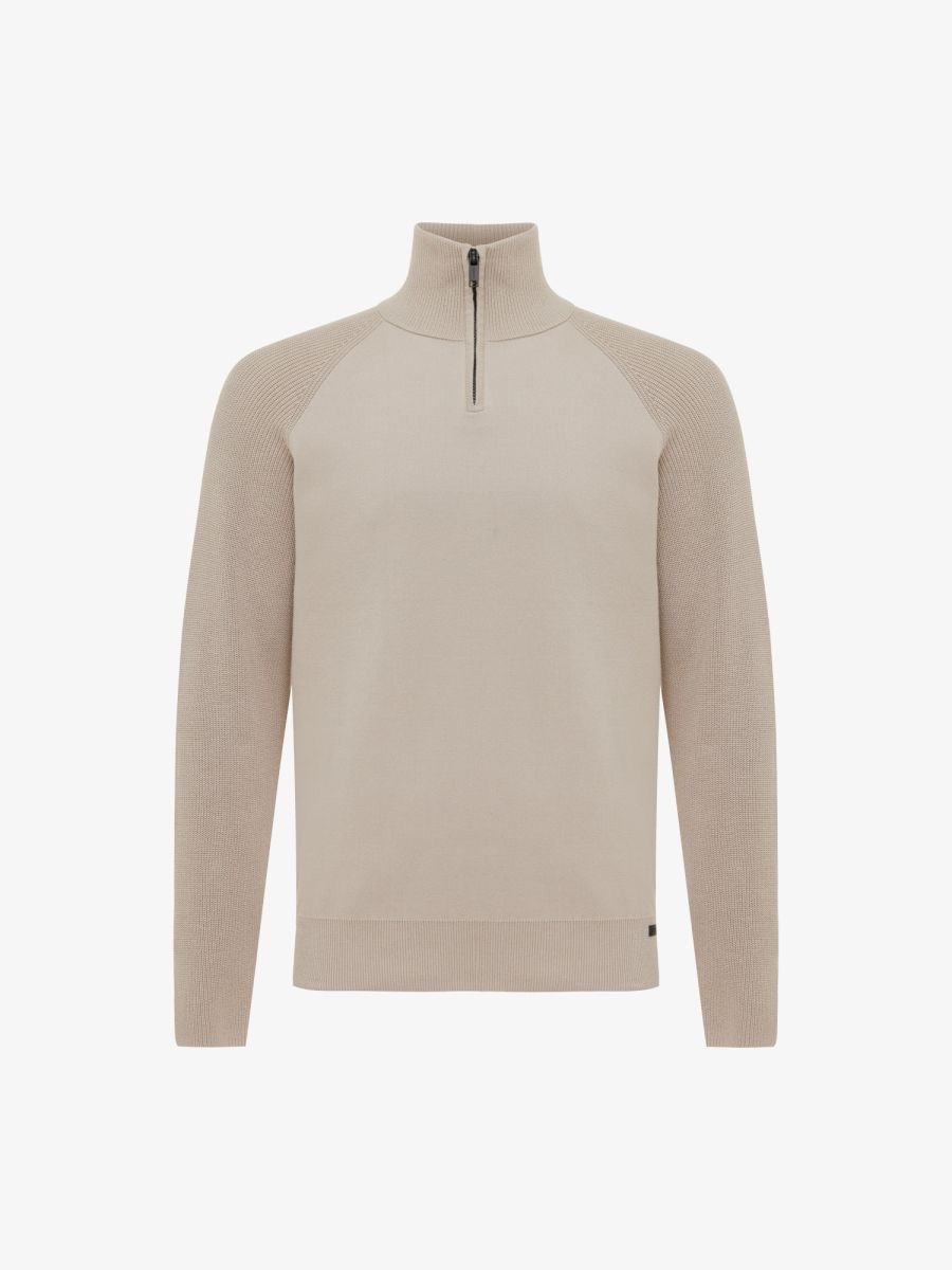 Genti zip turtle neck K3159-3278-039 in beige, voorkant, regular fit pullover van 100% katoen