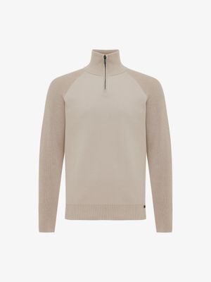 Genti zip turtle neck K3159-3278-039 in beige, voorkant, regular fit pullover van 100% katoen