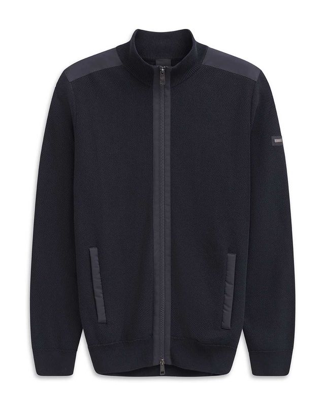 Bugatti vest 7600-85545D-390 in donkerblauw, voorkant met ritssluiting en opstaande kraag, 100% katoen