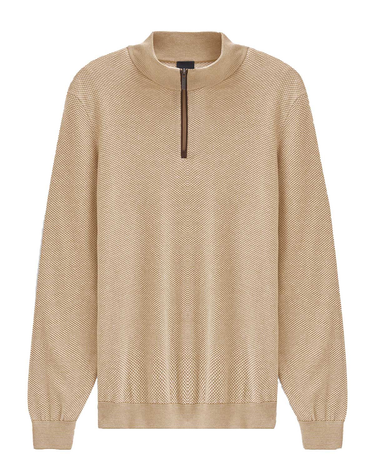 Bugatti pullover 7500-85533D-020 beige, voorkant met half zip, katoenmengsel, lange mouw, modern gebreid patroon