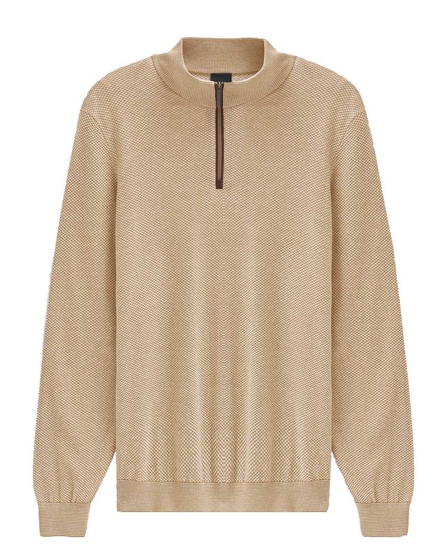 Bugatti pullover 7500-85533D-020 beige, voorkant met half zip, katoenmengsel, lange mouw, modern gebreid patroon