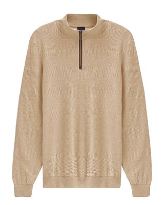 Bugatti pullover 7500-85533D-020 beige, voorkant met half zip, katoenmengsel, lange mouw, modern gebreid patroon