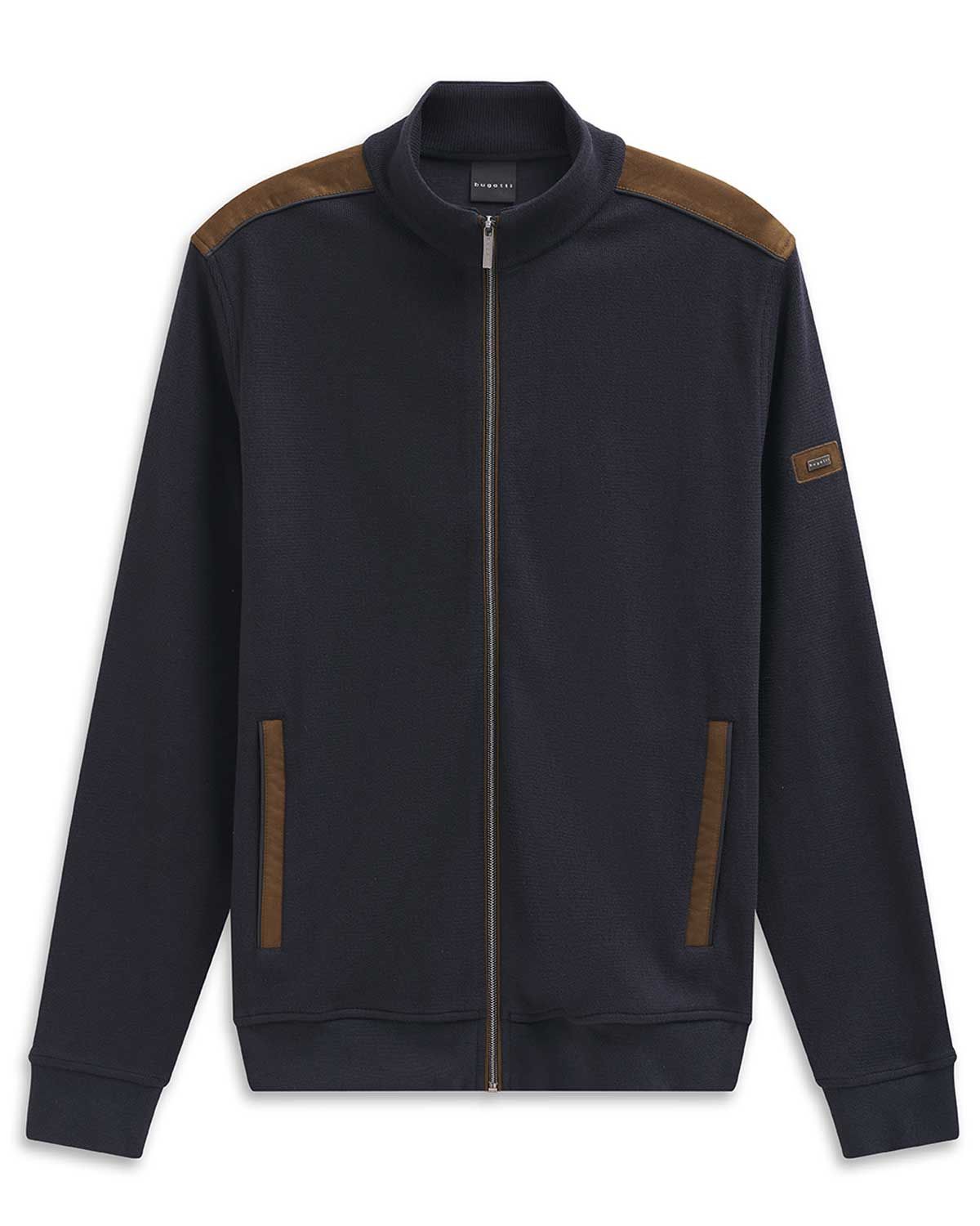 Bugatti vest 8700-85050D-390 donkerblauw, voorkant met suède schouderdetails en rits, herenmode herfst/winter