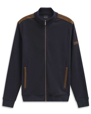 Bugatti vest 8700-85050D-390 donkerblauw, voorkant met suède schouderdetails en rits, herenmode herfst/winter