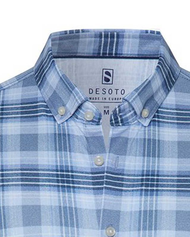 Desoto overhemd 87113-3-527 in blauwe ruit, detail kraag en knoopsluiting, jersey katoen slim fit