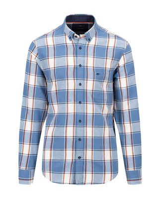 Fynch Hatton Casual Shirt lm Blauw 14106030 Fynch-Hatton overhemd 14106030-625 blauw cloud blue ruit voorkant