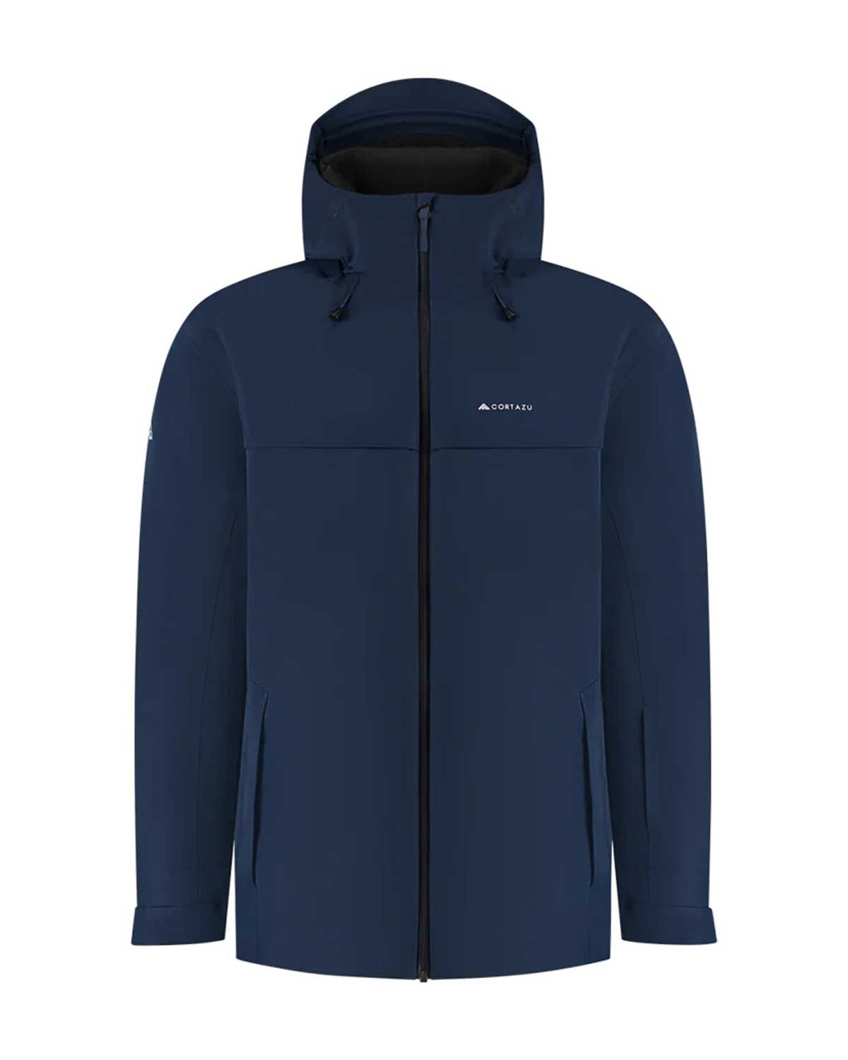 Cortazu hardshell jas Delta INS 7M in navy, packshot met capuchon en waterdichte rits – voorkant