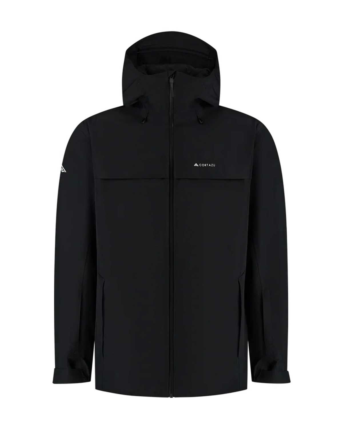 Cortazu Delta INS 7M heren hardshell jas in zwart, packshot met capuchon en waterdichte front-rits – voorkant