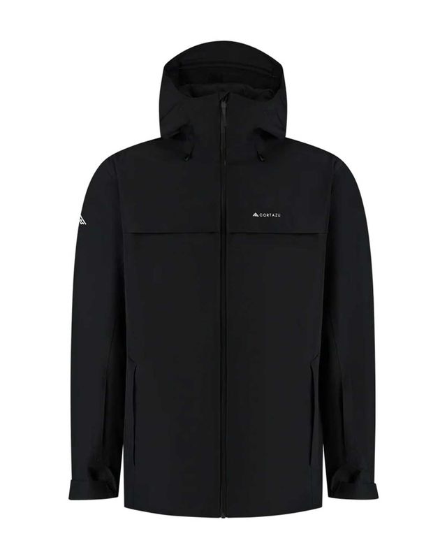 Cortazu Delta INS 7M heren hardshell jas in zwart, packshot met capuchon en waterdichte front-rits – voorkant