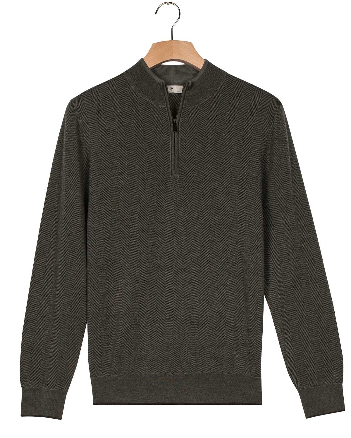 Thomas Maine pullover 1/2 zip 5284TM109 in groen, visgraat jacquard, voorkant, 100% merinowol