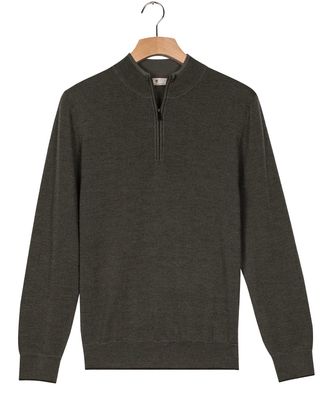 Thomas Maine pullover 1/2 zip 5284TM109 in groen, visgraat jacquard, voorkant, 100% merinowol
