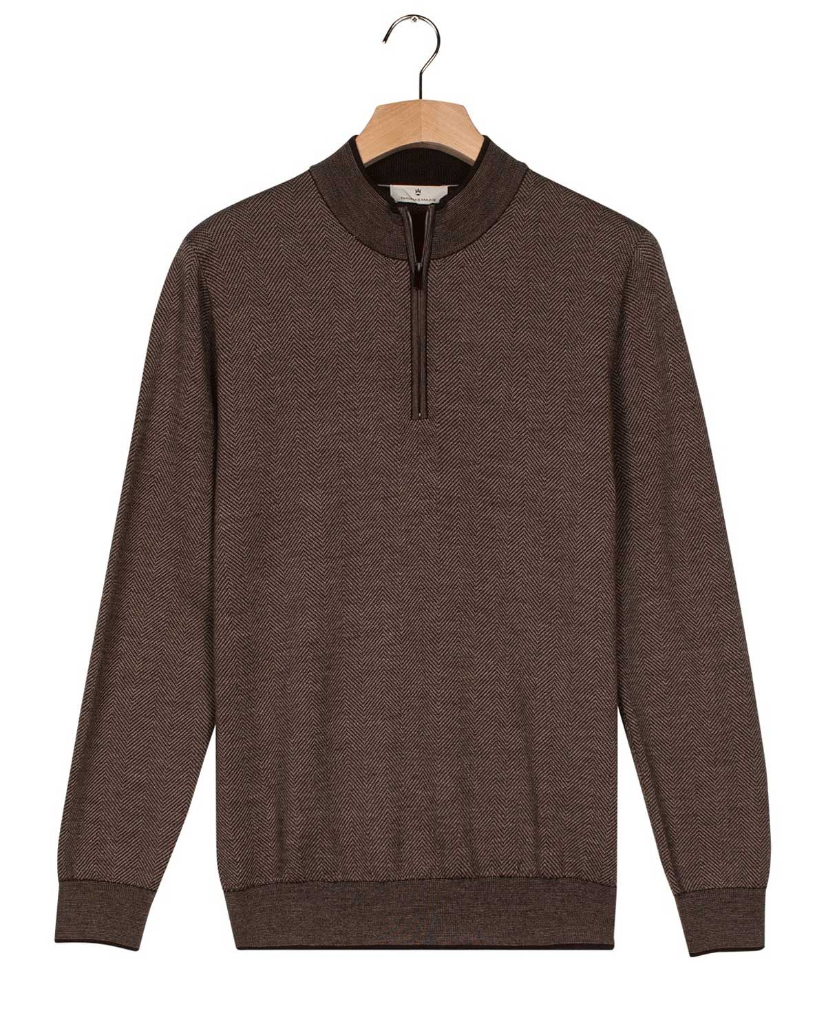Thomas Maine pullover 1/2 zip 5284TM109 in bruin, visgraat jacquard, voorkant, 100% merinowol
