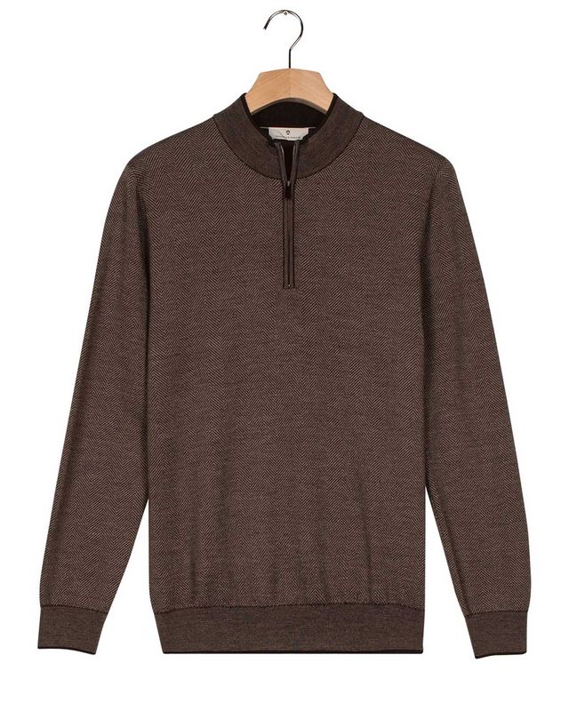 Thomas Maine pullover 1/2 zip 5284TM109 in bruin, visgraat jacquard, voorkant, 100% merinowol