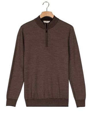 Thomas Maine pullover 1/2 zip 5284TM109 in bruin, visgraat jacquard, voorkant, 100% merinowol