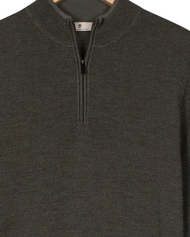 Thomas Maine pullover 1/2 zip 5284TM109 in groen, detail rits en visgraatstructuur, 100% merinowol