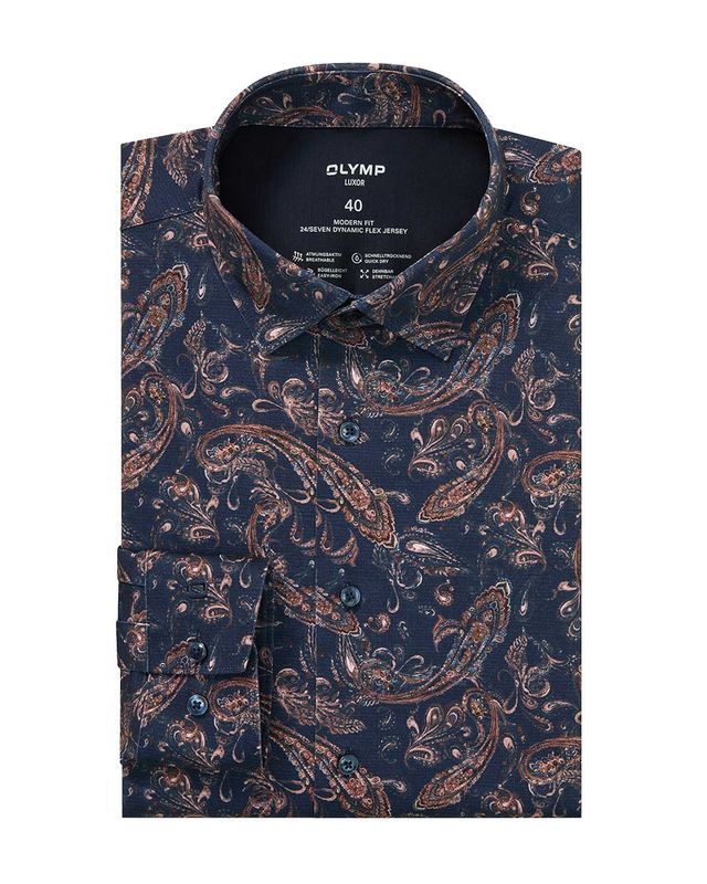 OLYMP Luxor overhemd 1322-84-18 in marineblauw paisley motief, modern fit voorkant