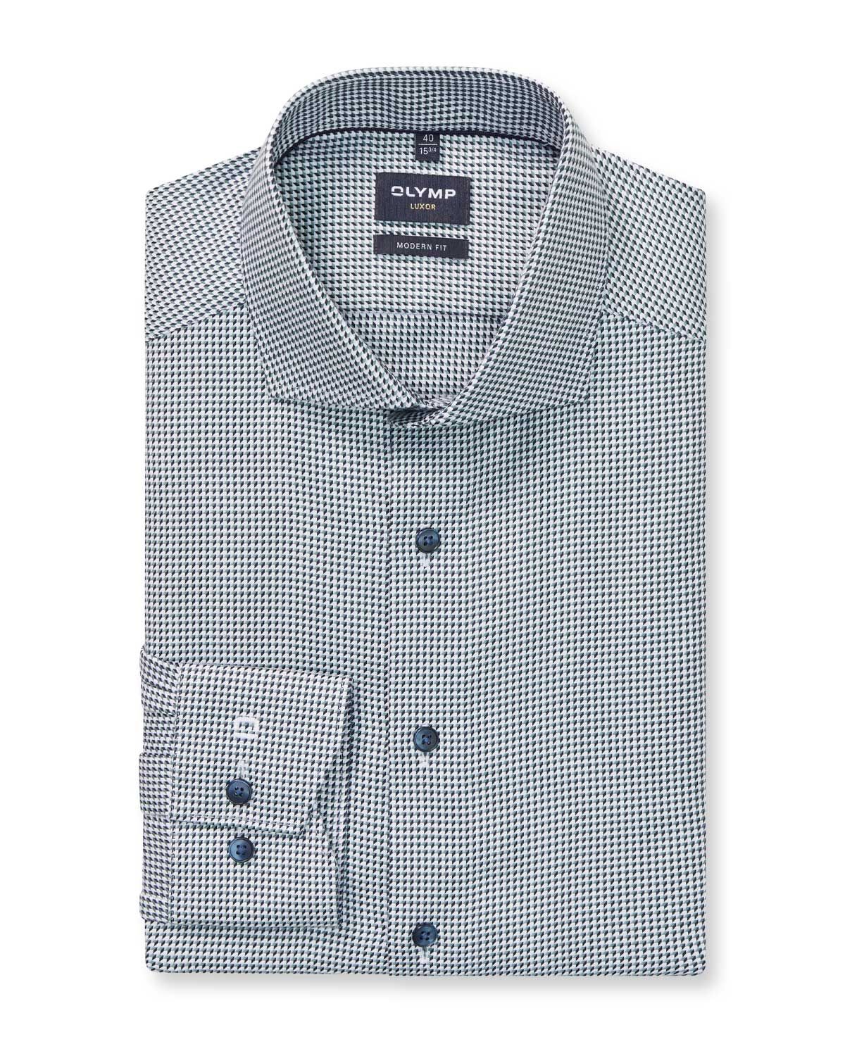 OLYMP Luxor overhemd 1292-84-45 pied-de-poule wit groen blauw, voorkant modern fit