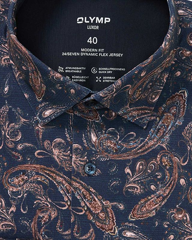 OLYMP Luxor overhemd 1322-84-18 in marineblauw paisley motief, detail kraag New Kent