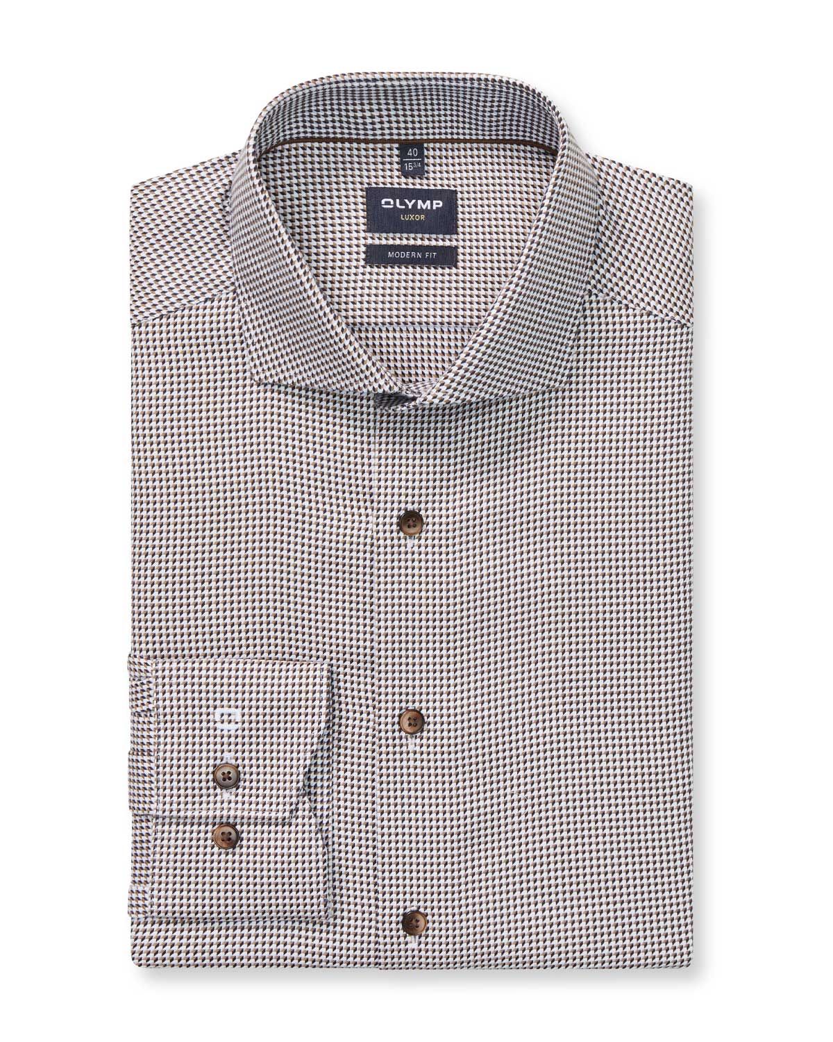 OLYMP Luxor overhemd 1292-84-28 pied-de-poule wit bruin, voorkant modern fit