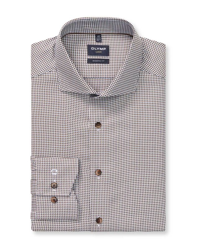 OLYMP Luxor overhemd 1292-84-28 pied-de-poule wit bruin, voorkant modern fit