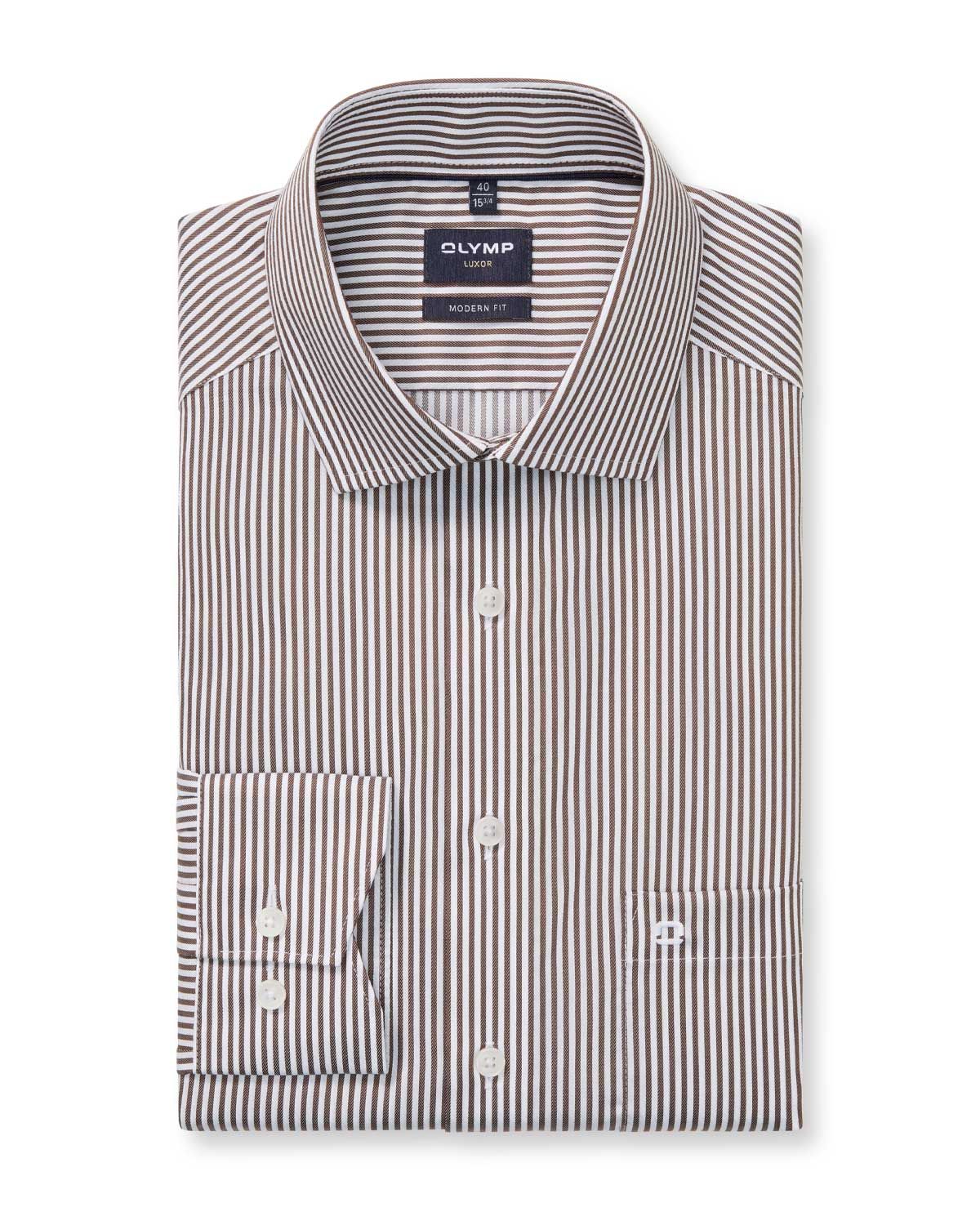 OLYMP Luxor overhemd 1358-74-28 in bruin wit streep, modern fit voorkant