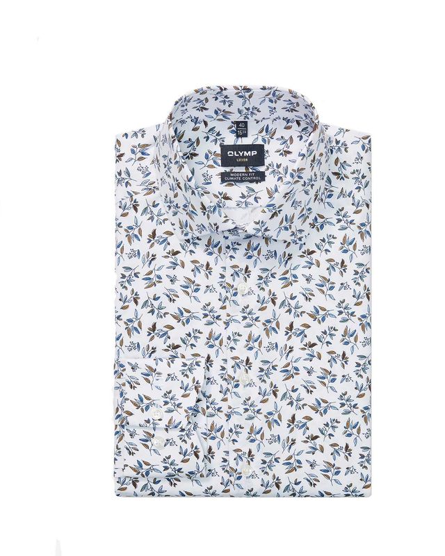 OLYMP Luxor overhemd 1302-84-00 in wit met bloemenpatroon, voorkant modern fit