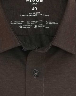 OLYMP Luxor 24/Seven overhemd modern fit 1202/64/27 in nougat, detail kraag