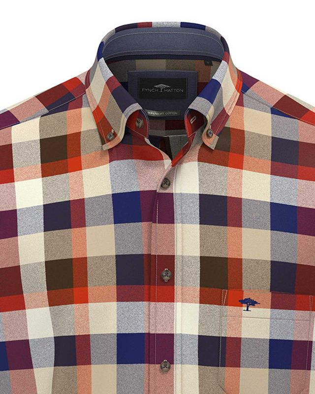 Fynch Hatton casual fit shirt 15108070-367 in garnet red flannel ruit, detail kraag
