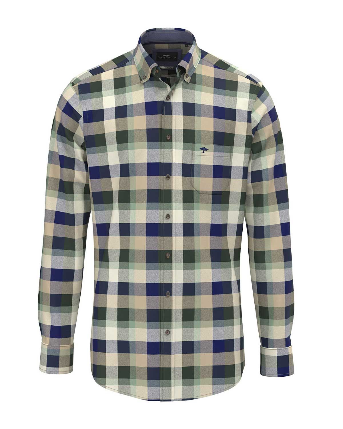 Fynch Hatton casual fit shirt 15108070-374 in groen/blauw flannel ruit, voorkant