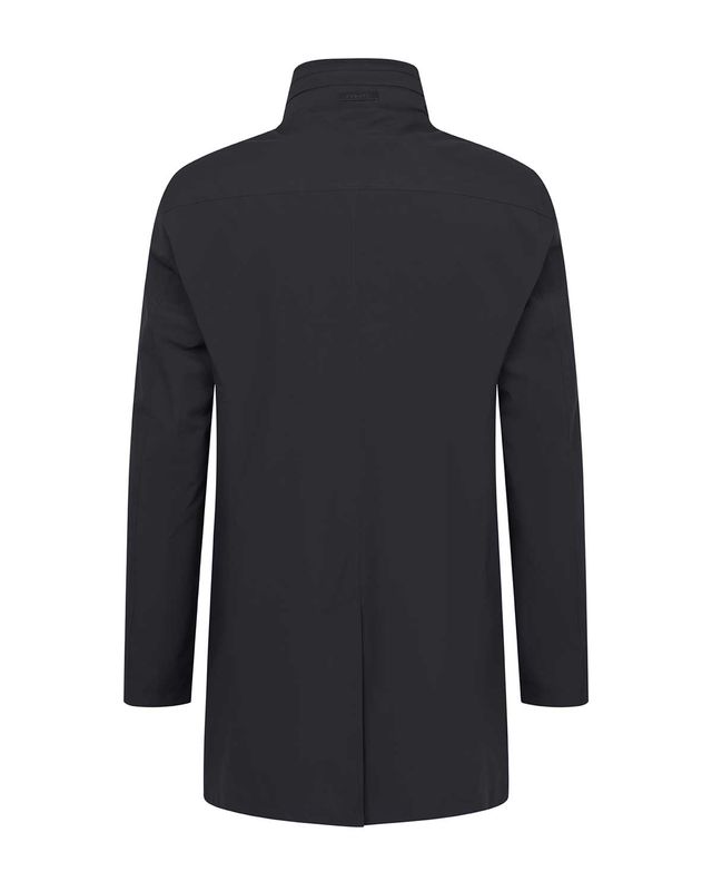 Back view of the Bugatti raincoat in dark blue with stylish finish and back vent.