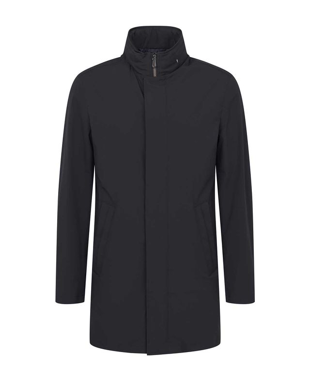 Bugatti raincoat in dark blue – front view. Stylish mid-length men's coat with zip and press-button closure.