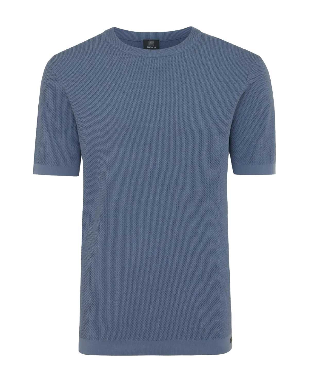 Genti T-shirt K2091-1260-014 middenblauw heren shirt met structuur in slim fit cool-dry stretchkwaliteit