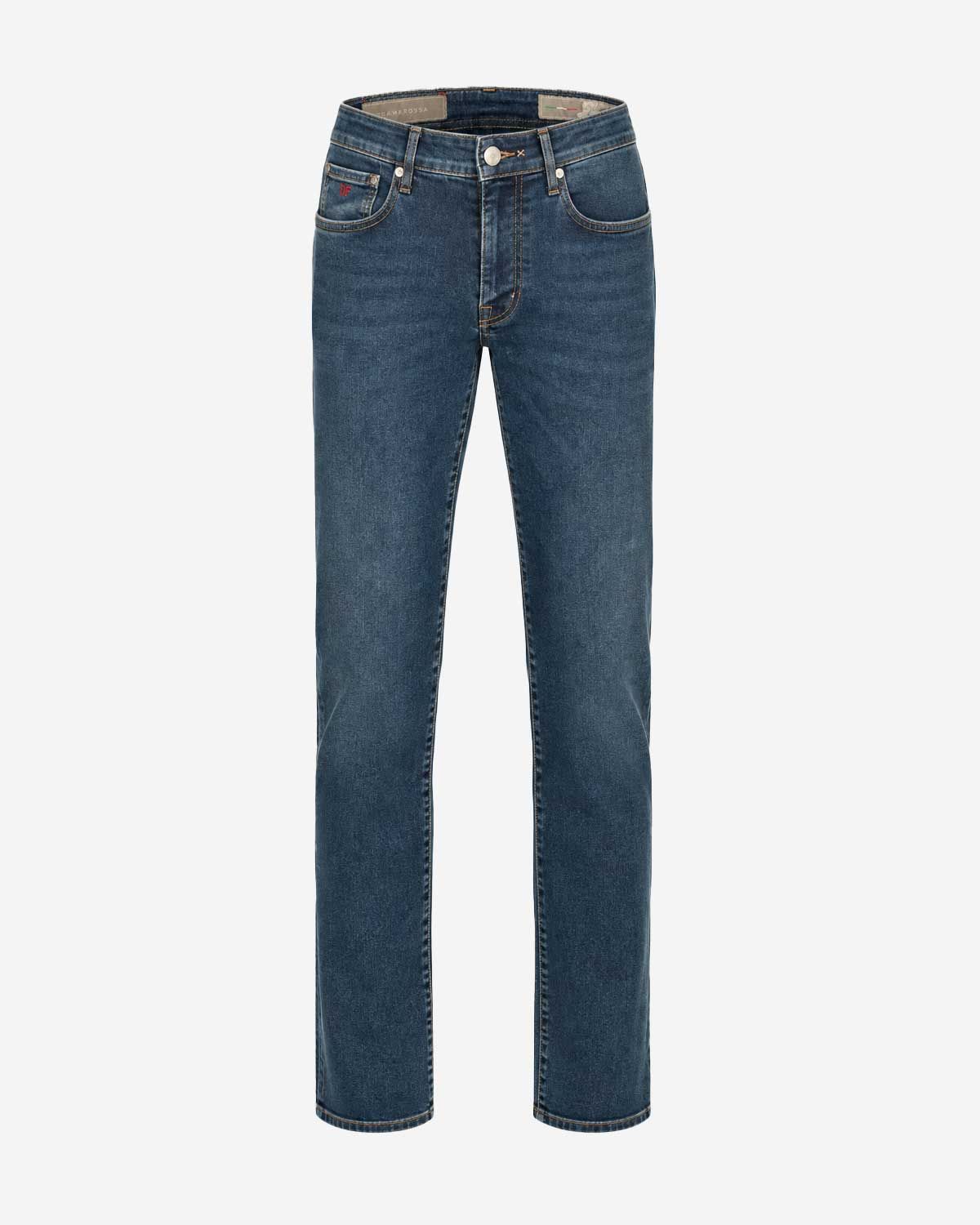 Tramarossa Michelangelo D524 herenjeans blauw 25117 achteraanzicht met rode merkpatch en R-ELAX label