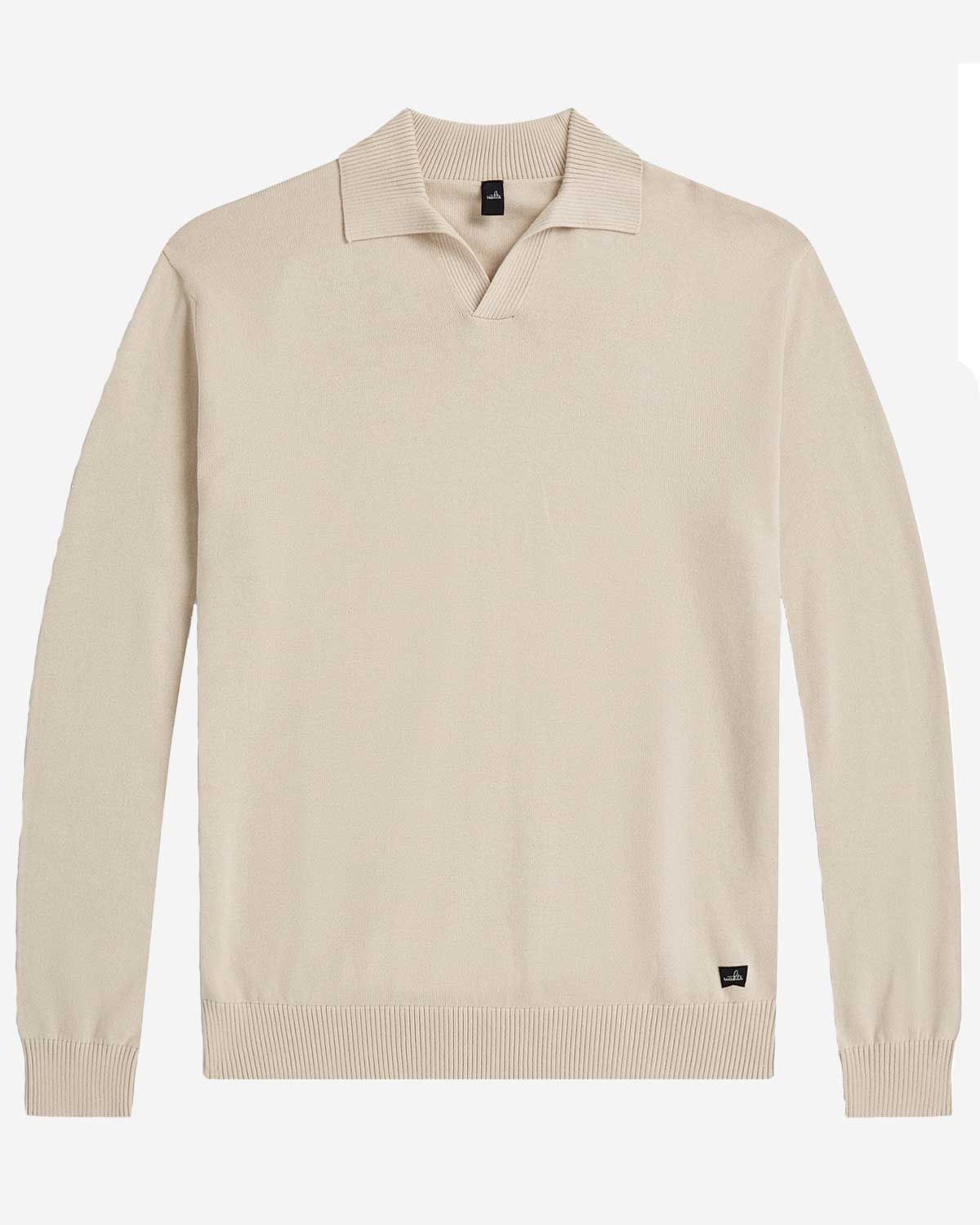 Wahts Howard 507 knit polo lange mouw sand open kraag combed cotton heren Haarlem plat