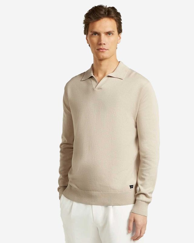 Wahts Pullover VH Licht Beige Howard Wahts Howard 507 knit polo lange mouw sand open kraag combed cotton heren Haarlem model voor