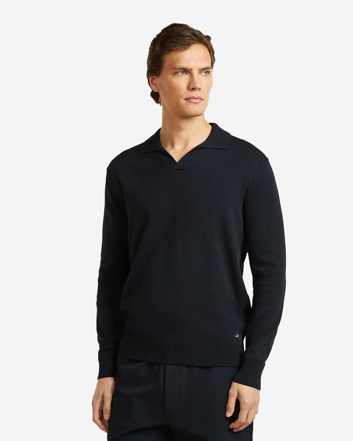 Wahts Howard 210 knit polo lange mouw navy open kraag combed cotton heren Haarlem model voor
