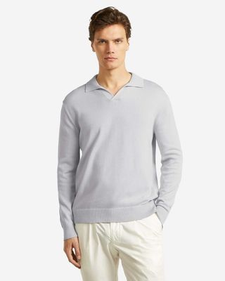 Wahts Howard 425 knit polo lange mouw frost blue open kraag combed cotton heren Haarlem model voor